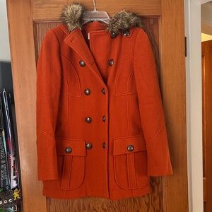 Women's Orange Double-Breasted Coat with Faux Fur Collar